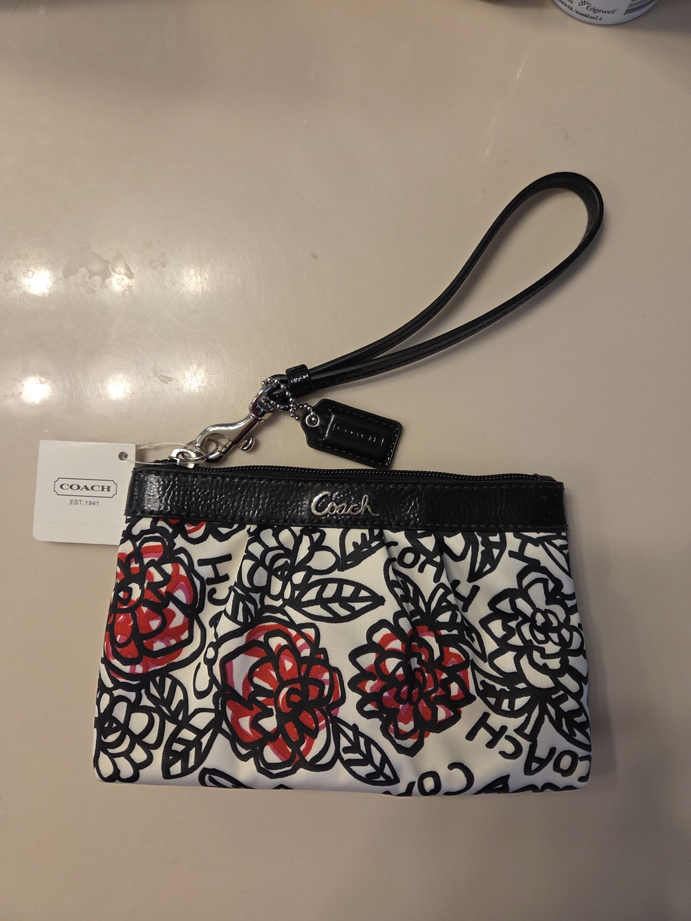 Coach Black, White & Red Floral Wristlet with Leather Strap